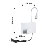 Witte LED-wandlamp met flexibele leesarm en 140 cm zwarte kabel, afmetingen 170x256 mm