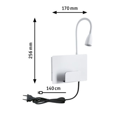 Witte LED-wandlamp met flexibele leesarm en 140 cm zwarte kabel, afmetingen 170x256 mm