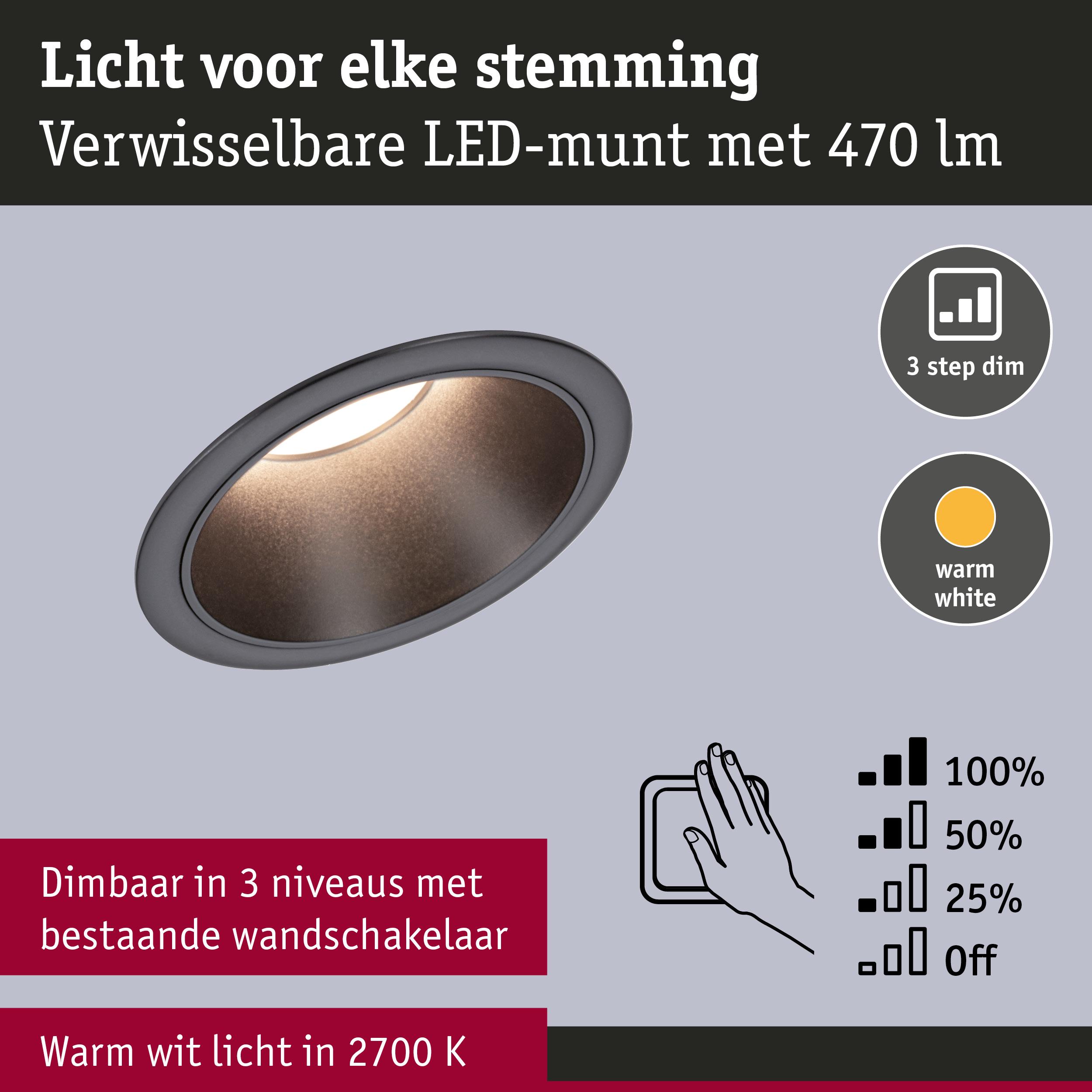 Dimbare grijze LED-inbouwspot met warm wit licht 2700K en 3-traps dimfunctie voor sfeerlicht