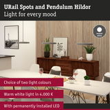 Modern grey URail Spots Hildor pendant lights with warm white LED light above dining table in living room