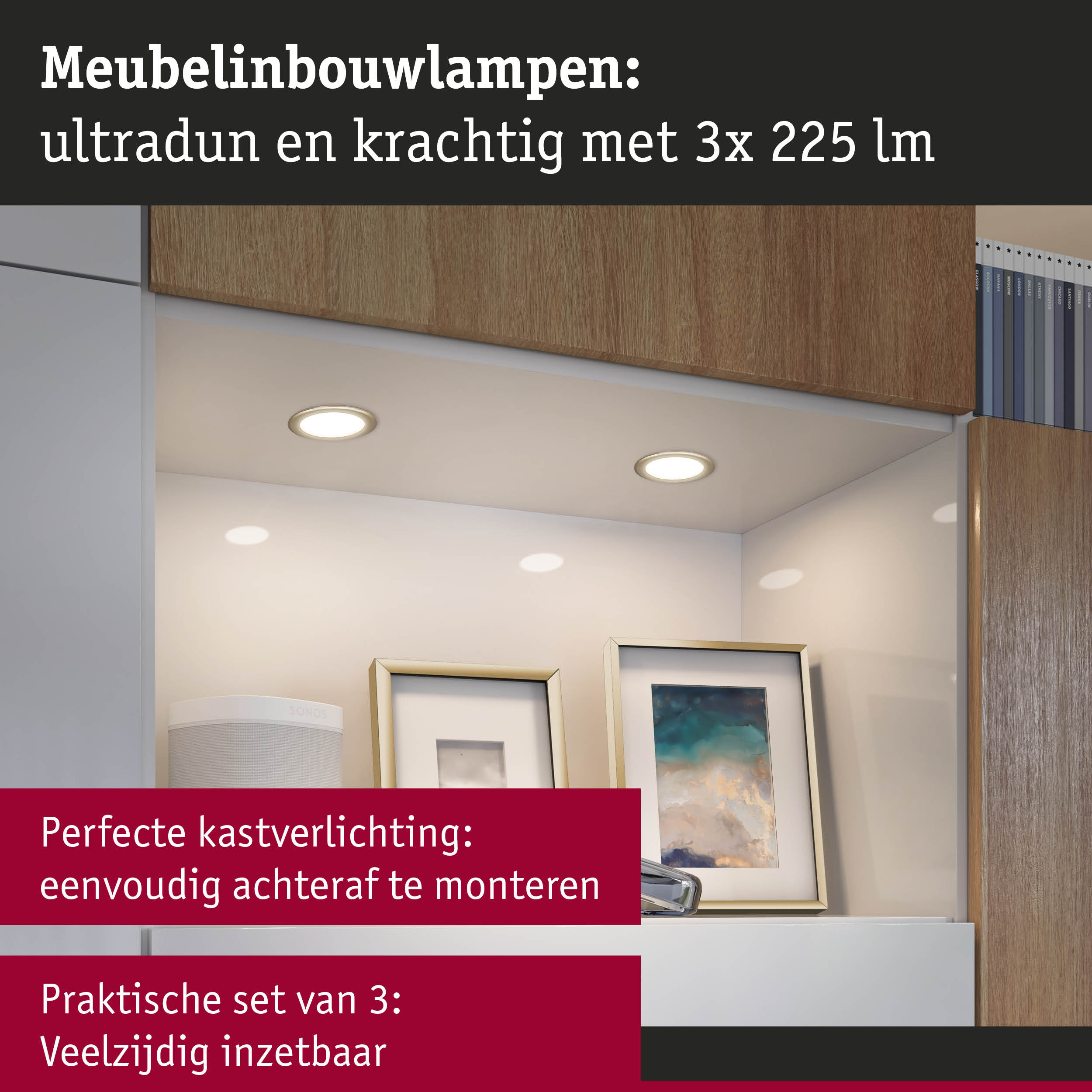 Set van 3 ultradunne witte meubel inbouwlampen met 225 lumen, veelzijdig en eenvoudig te monteren