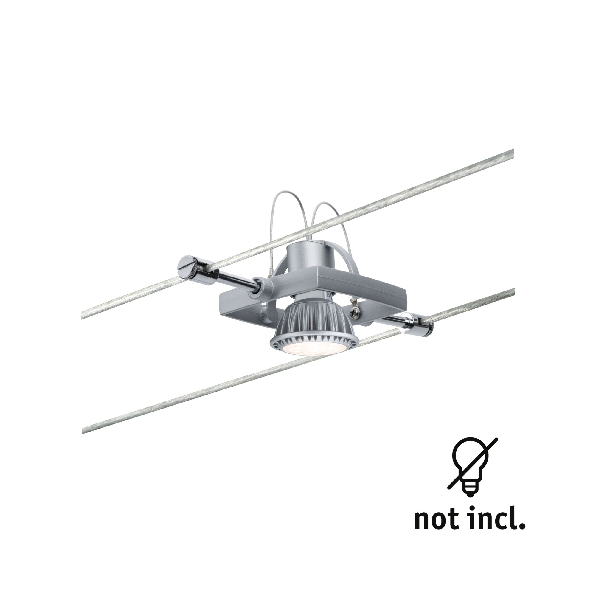 Silver metal LED cable spotlight holder for flexible lighting systems without bulb included