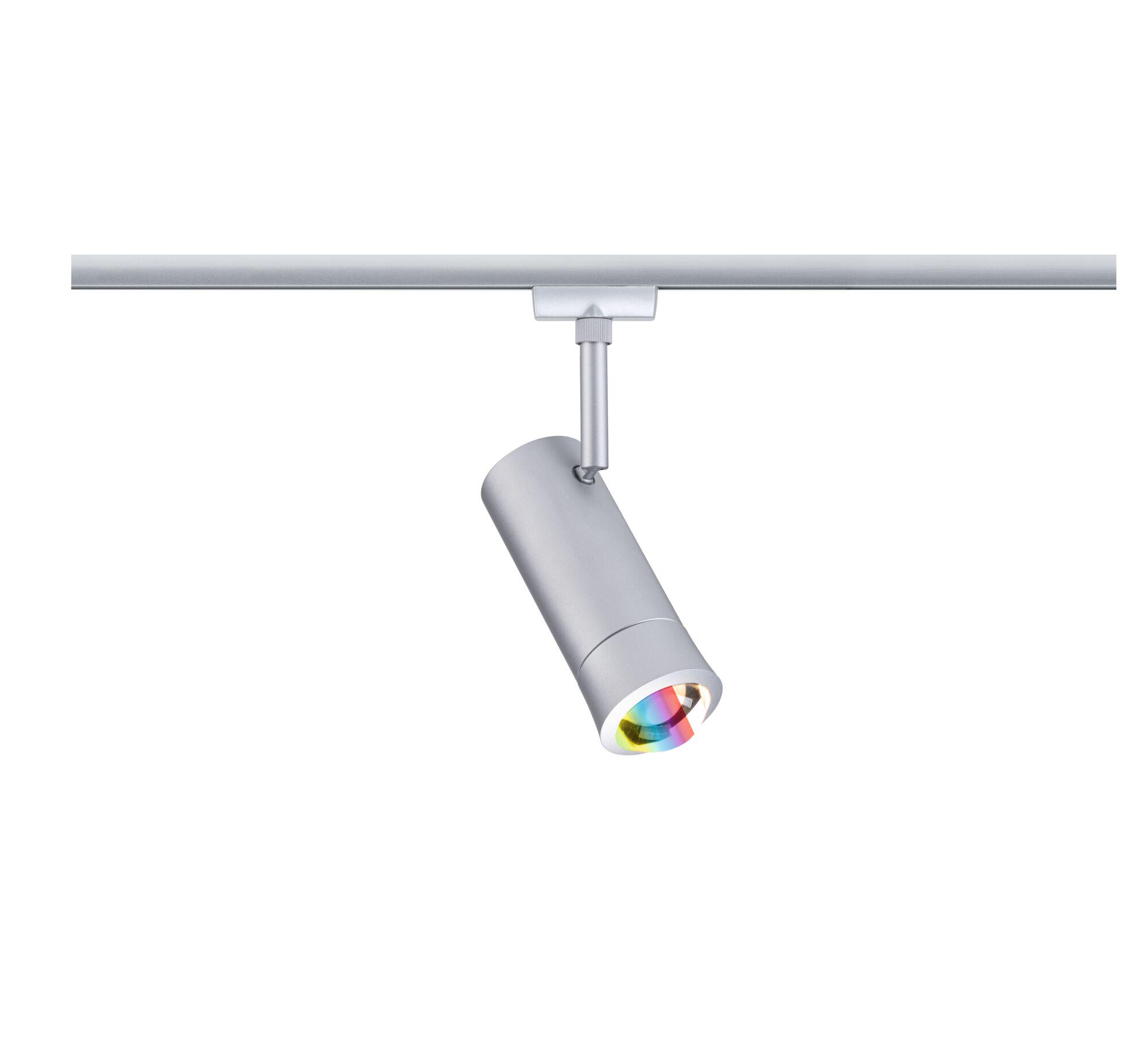 Modern silver metal LED spotlight with coloured light for versatile room lighting