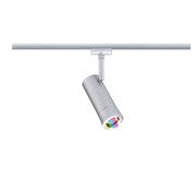 Modern silver metal LED spotlight with coloured light for versatile room lighting