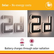Solar-powered house number with LED lighting in black and white for energy-efficient outdoor illumination