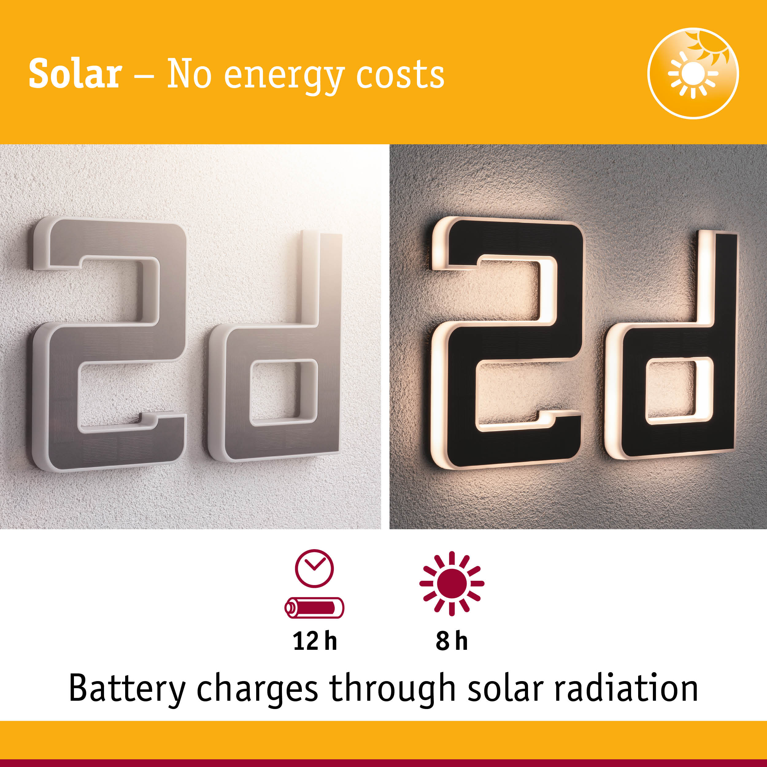 Solar-powered house number with LED lighting in black and white for energy-efficient outdoor illumination