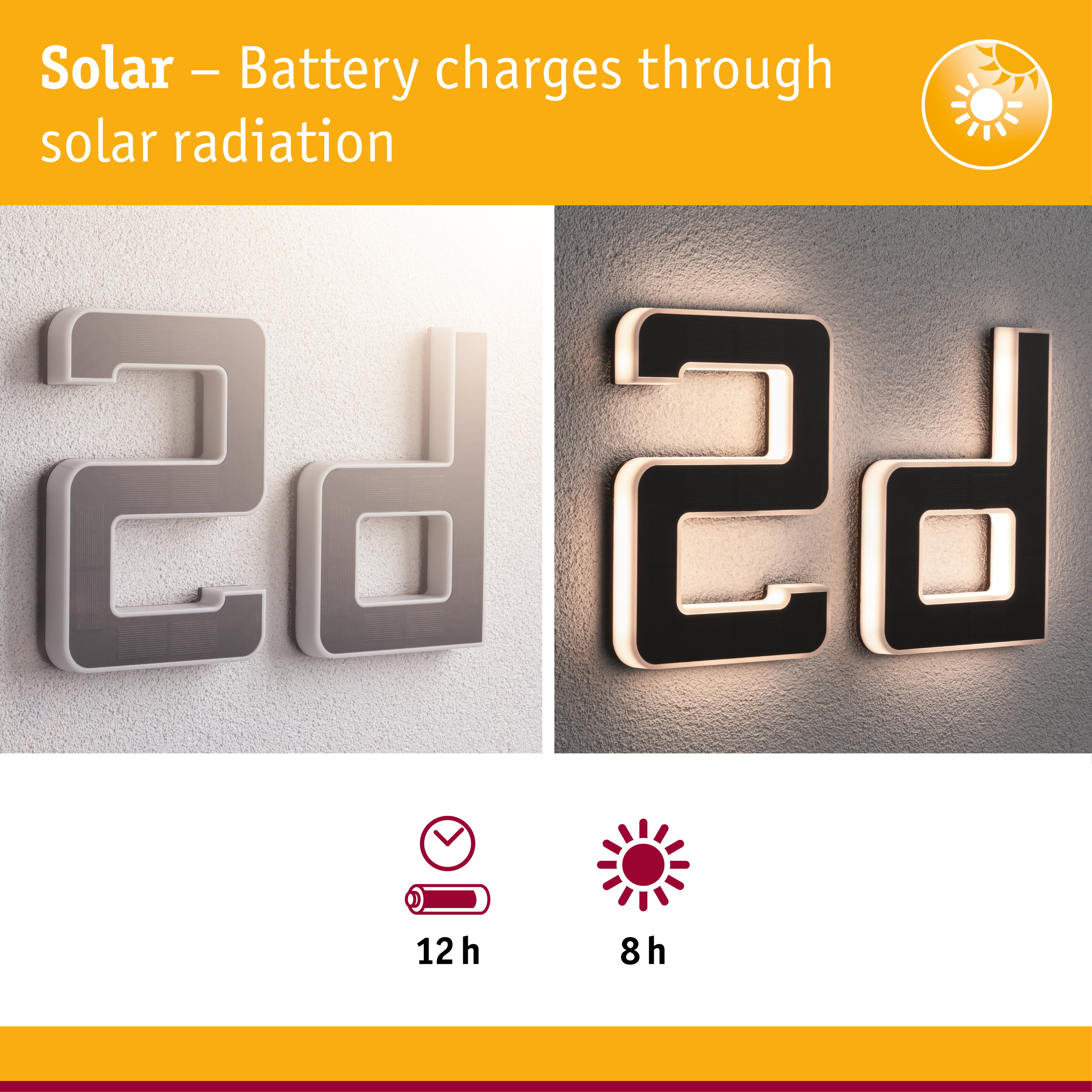 Solar-powered house number with LED lighting in black and white for energy-efficient outdoor illumination
