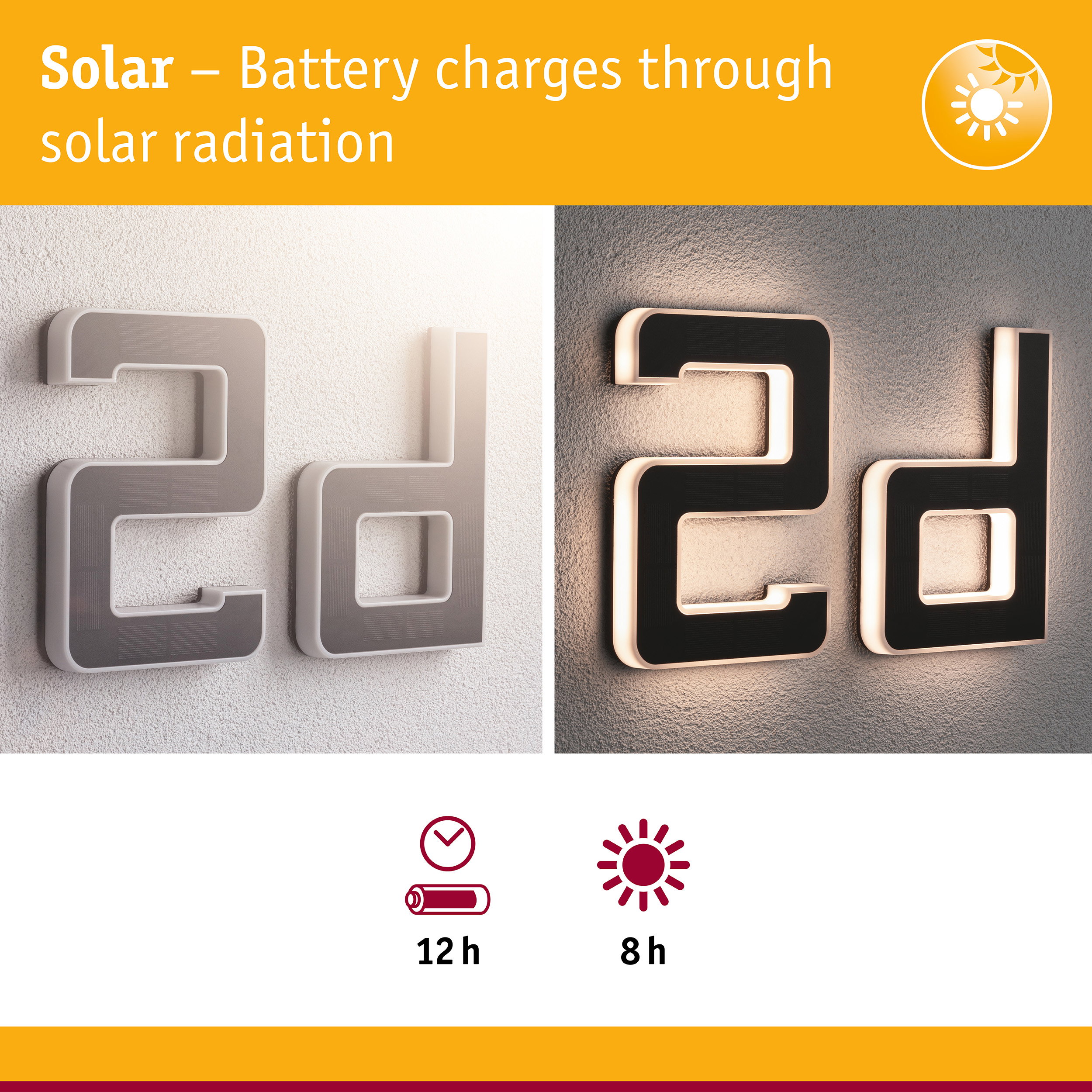 Solar-powered house number with LED lighting in black and white for energy-efficient outdoor illumination