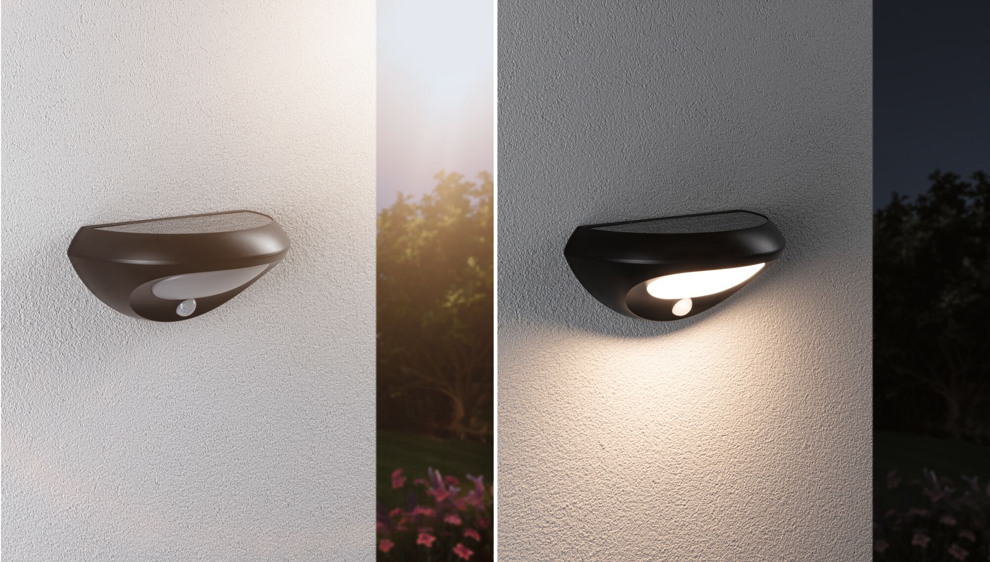 Black solar wall light with motion sensor on exterior wall, day and night view, energy-saving LED lighting