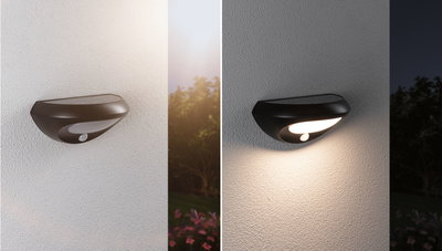 Applique murale solaire noire avec détecteur de mouvement, vue jour et nuit, éclairage LED économique