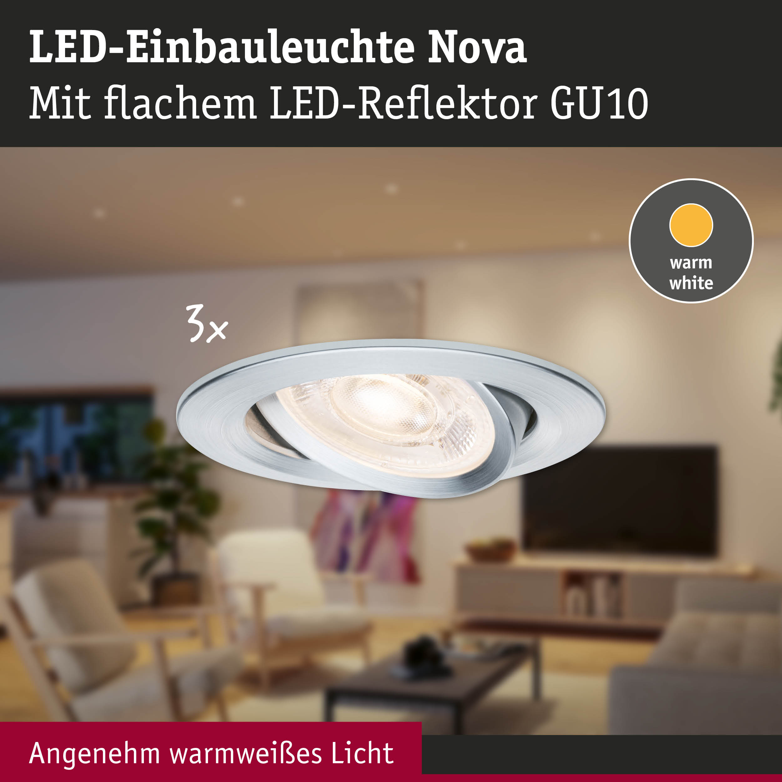 LED-Einbauleuchte Nova mit flachem GU10 LED-Reflektor in Silber für warmweißes Licht