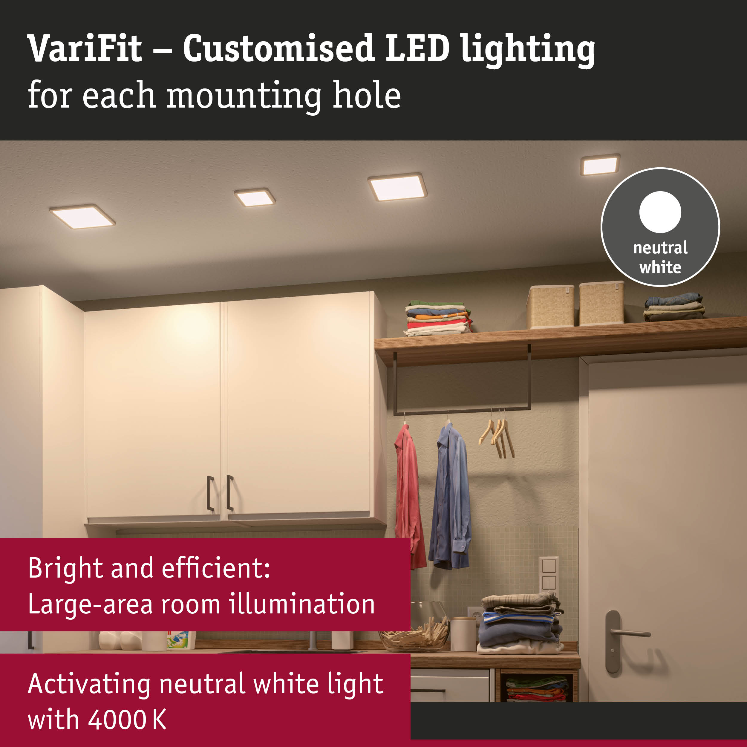 VariFit recessed LED lights in neutral white 4000K for efficient room illumination in white