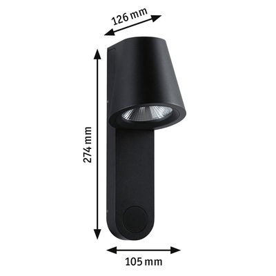 Black aluminum wall light with adjustable head measuring 274x126x105 mm for outdoor lighting