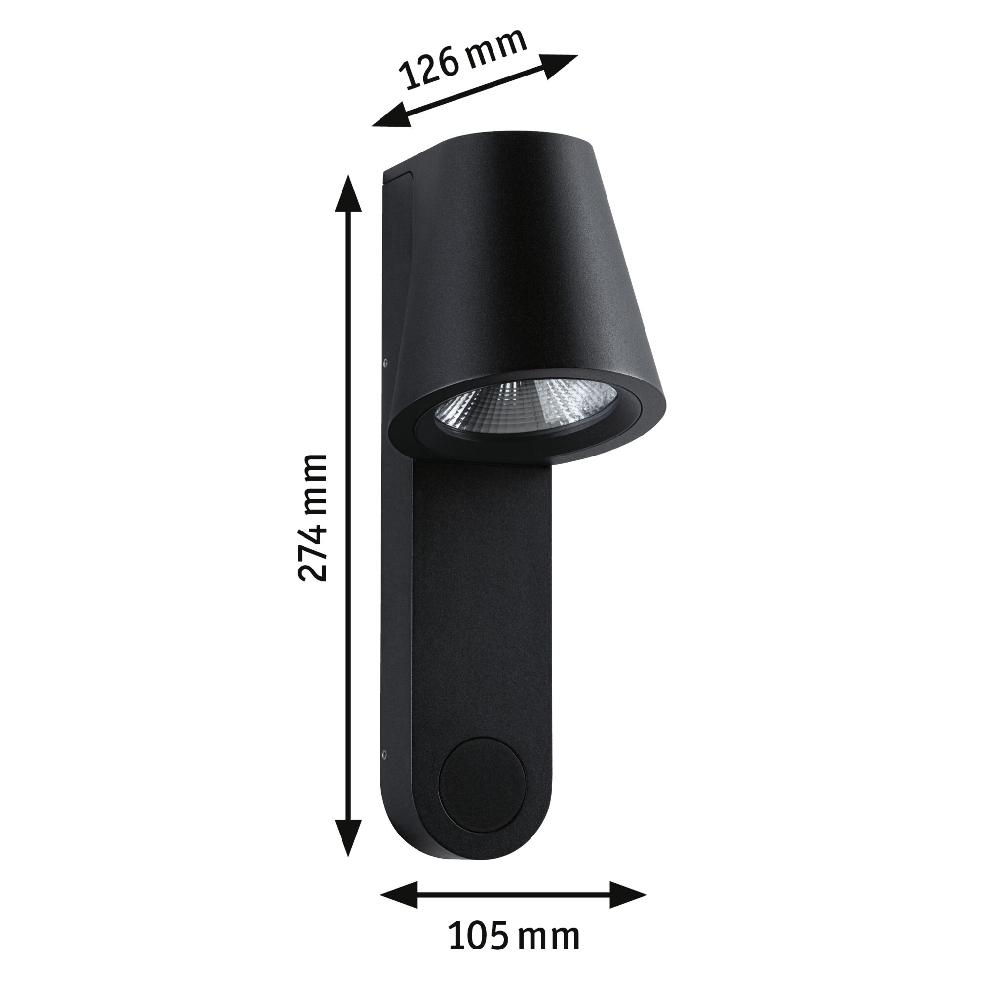 Schwarze Aluminium-Wandleuchte mit verstellbarem Kopf und Maßen 274x126x105 mm für Außenbeleuchtung