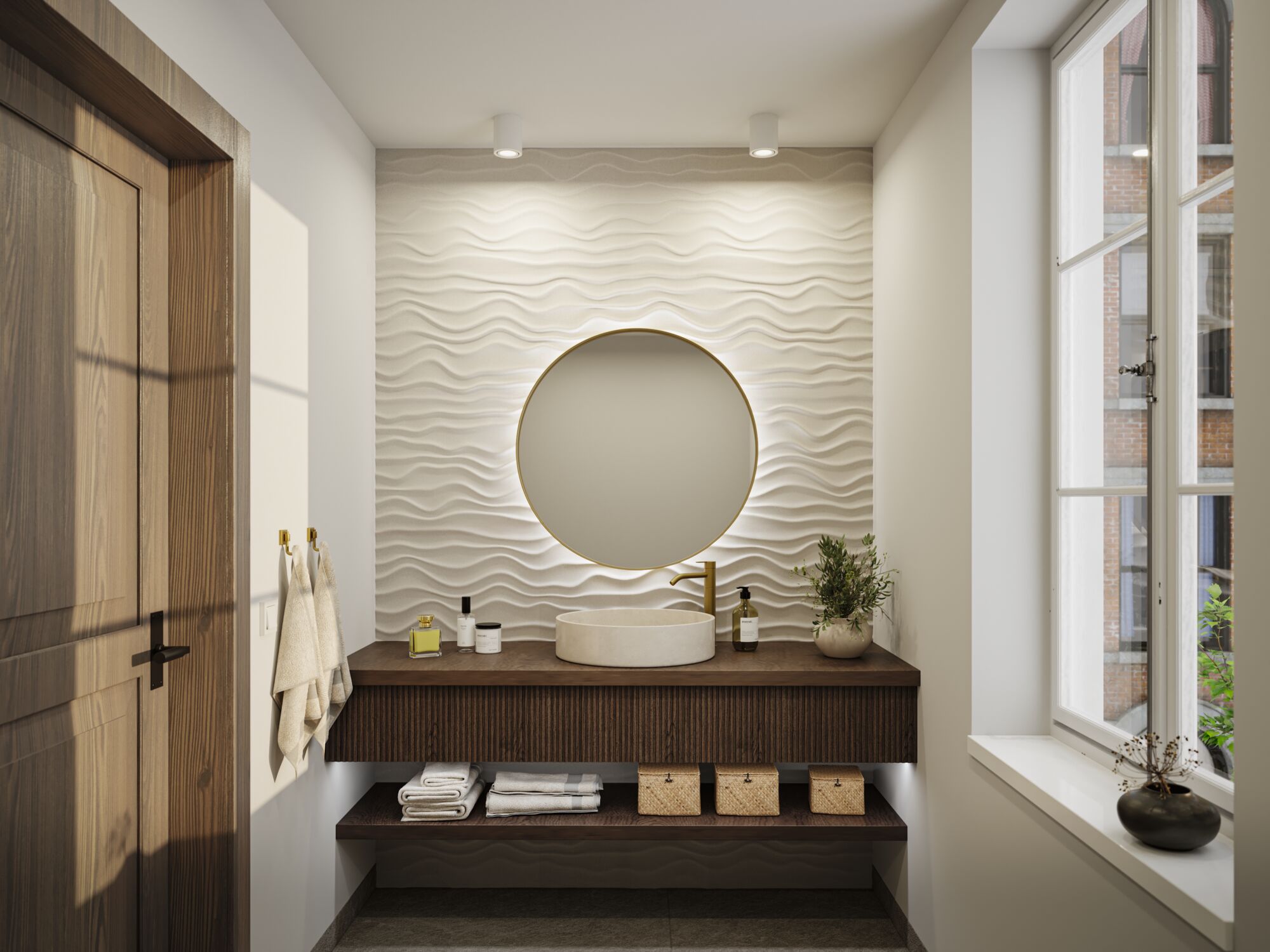 Moderne badkamer met ronde verlichte spiegel, witte wastafel en houten badkamermeubel ideeën