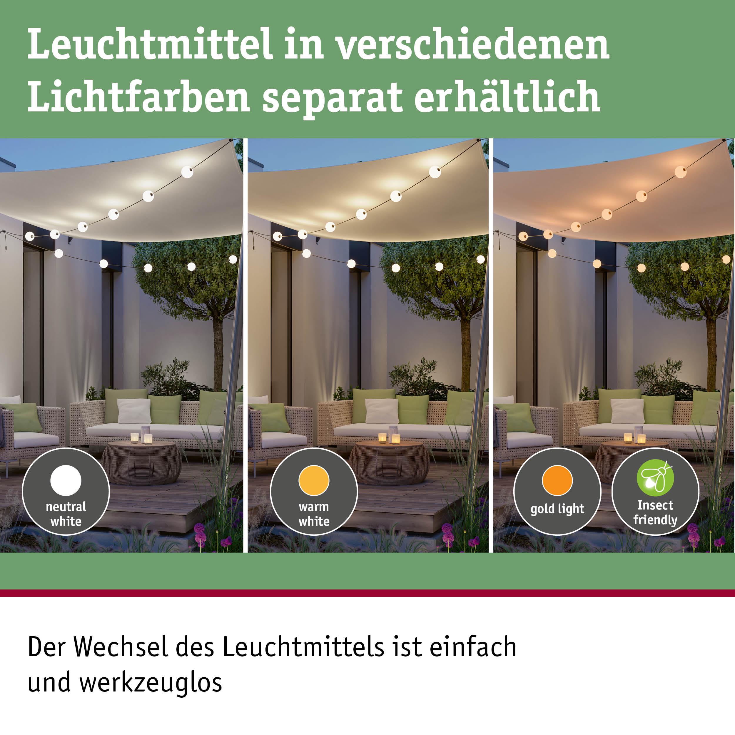 Außenbereich mit Sitzgruppe und Lichterkette in neutralweiß, warmweiß und goldfarbenem Licht, insektenfreundlich