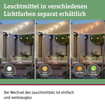 Außenbereich mit Sitzgruppe und Lichterkette in neutralweiß, warmweiß und goldfarbenem Licht, insektenfreundlich