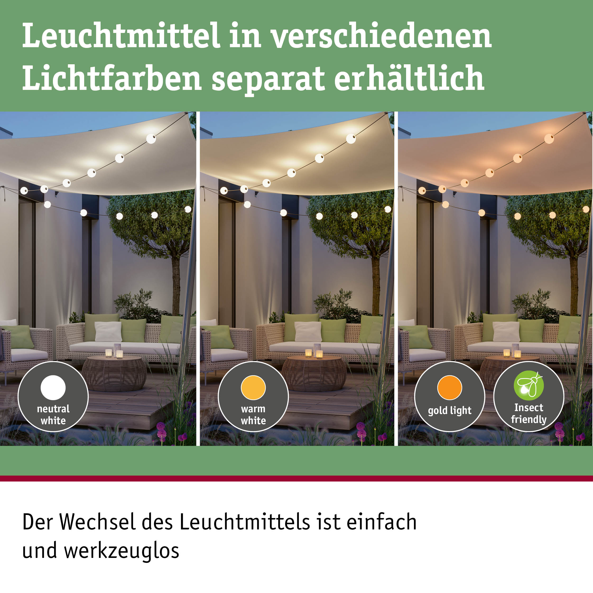 Drei Außenlichter in neutralweiß, warmweiß und goldfarben mit insektenfreundlicher Beleuchtung im Garten