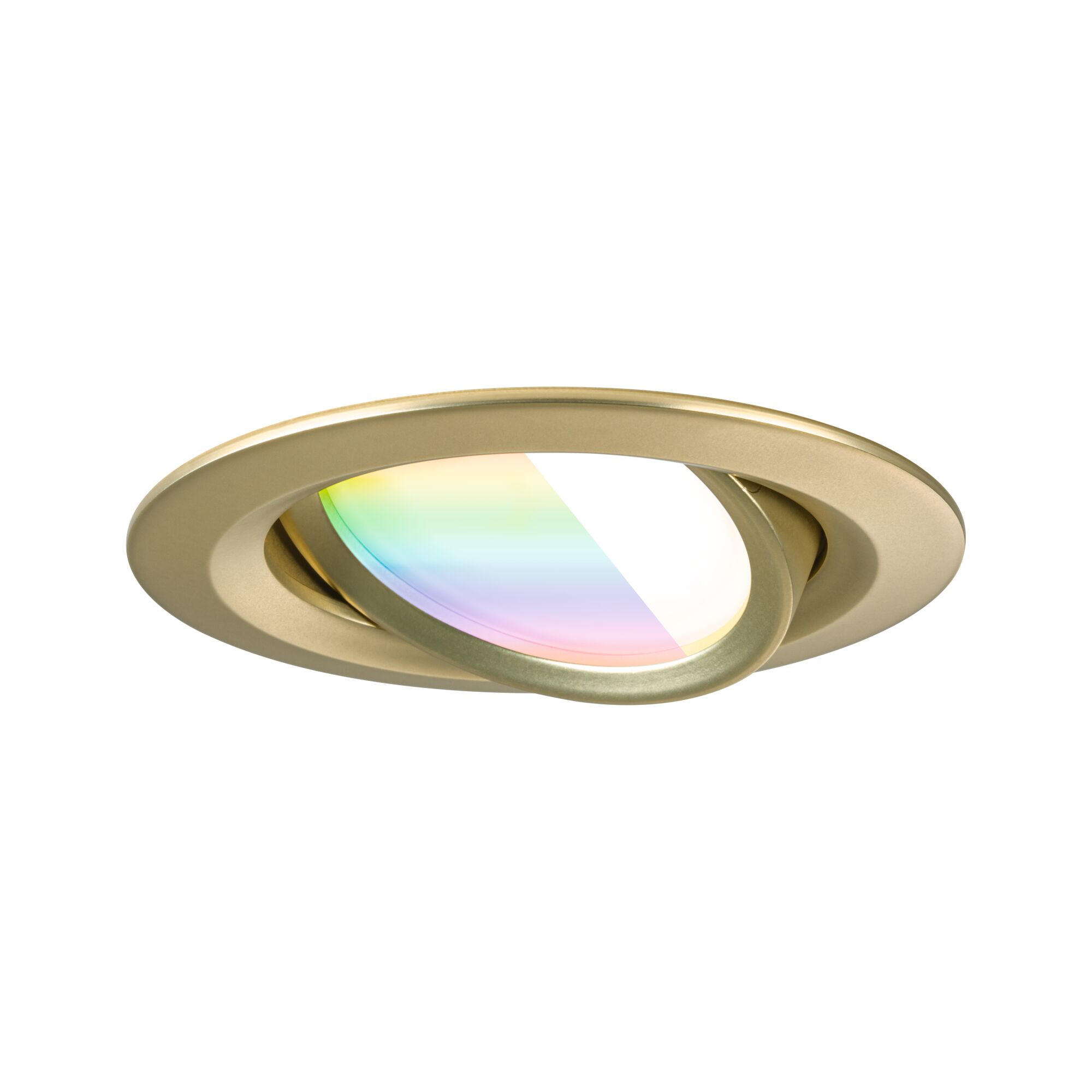 Round adjustable recessed spotlight in gold metal with color-changing glass for accent lighting