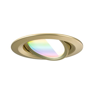 Round adjustable recessed spotlight in gold metal with color-changing glass for accent lighting