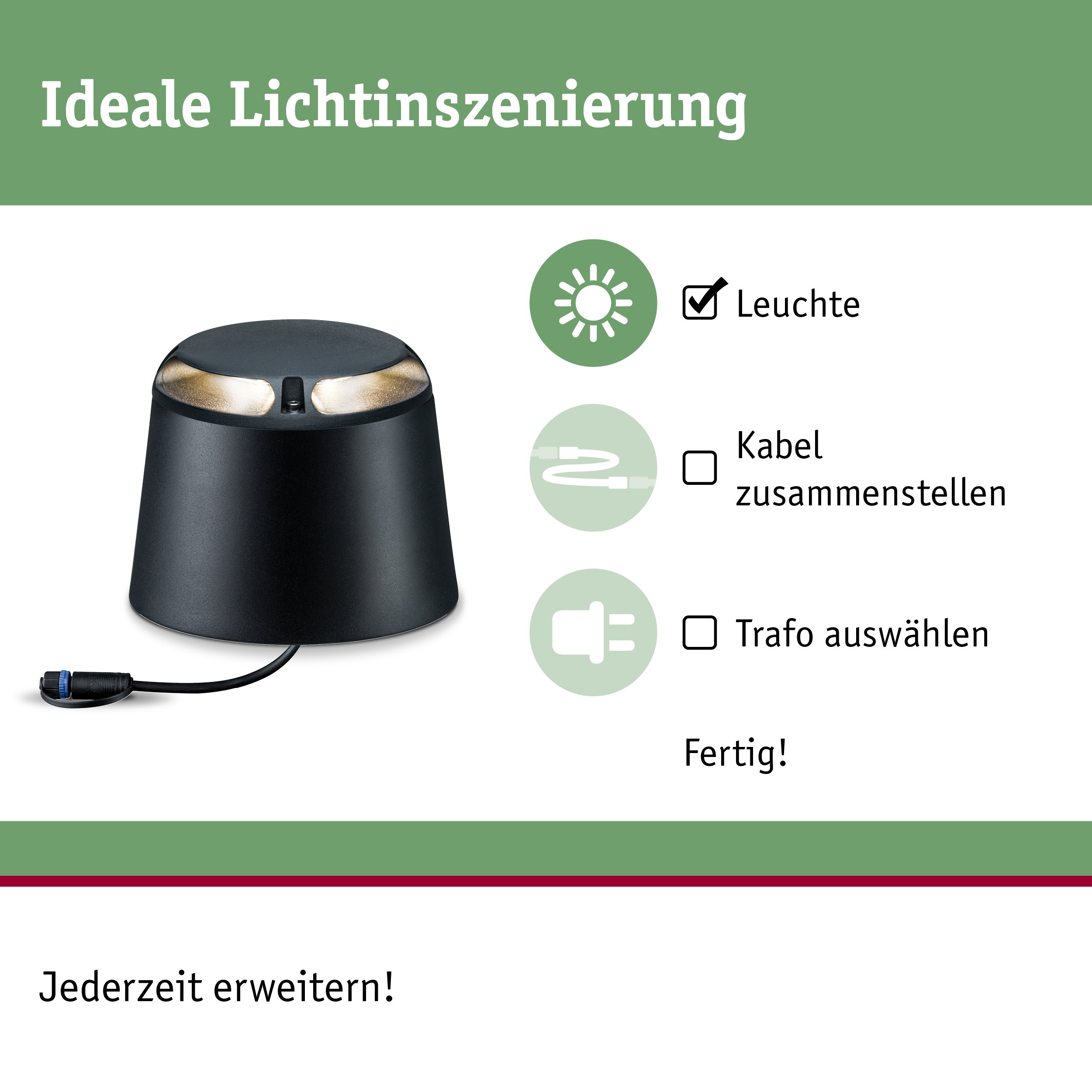 Schwarze LED-Außenleuchte mit integriertem Kabelanschluss für flexible Lichtinszenierung im Garten