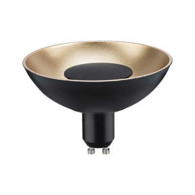 Black LED reflector lamp with gold interior ring, GU10 base, energy-saving spotlight