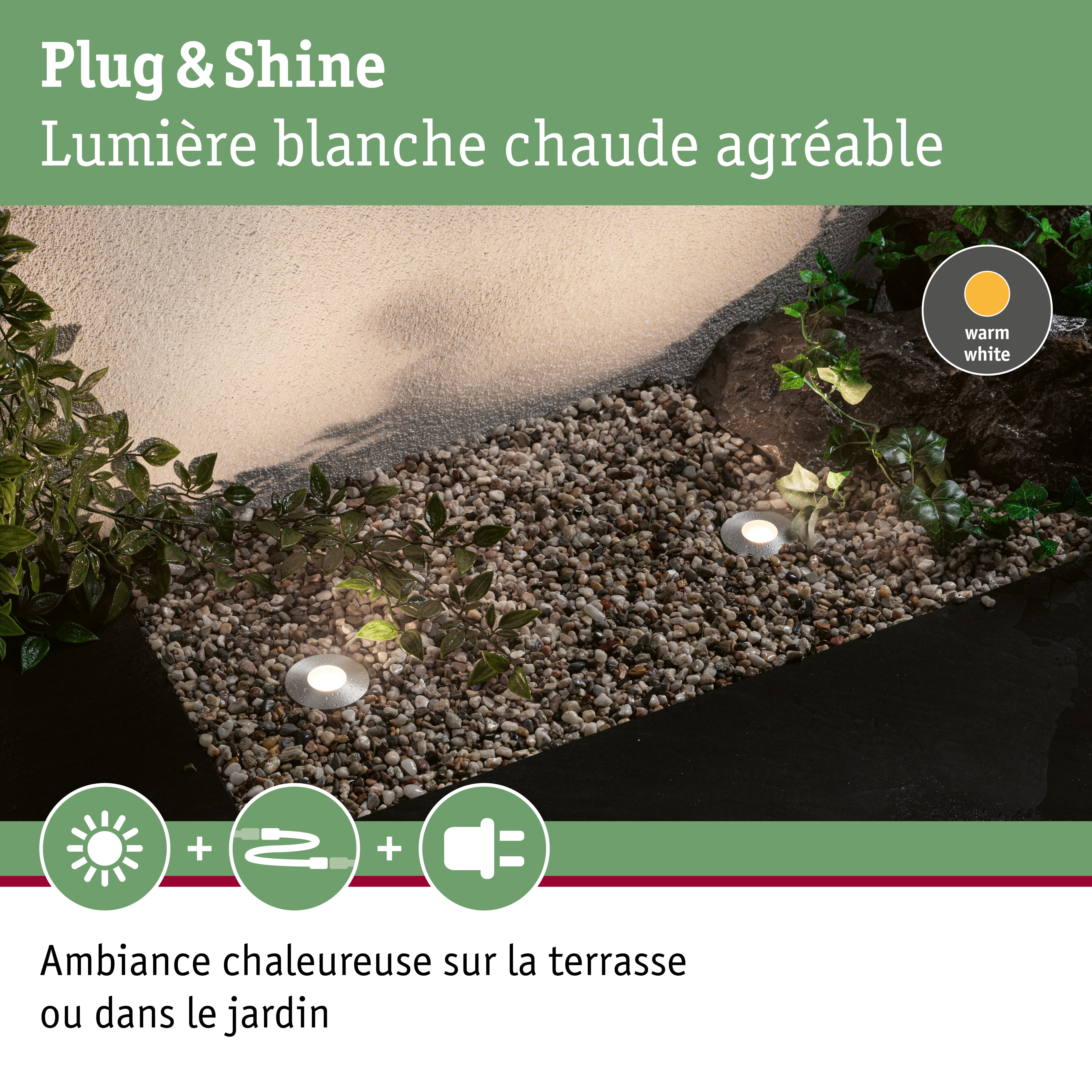 Éclairage LED Plug & Shine blanc chaud sur gravier avec plantes pour ambiance lumineuse extérieure