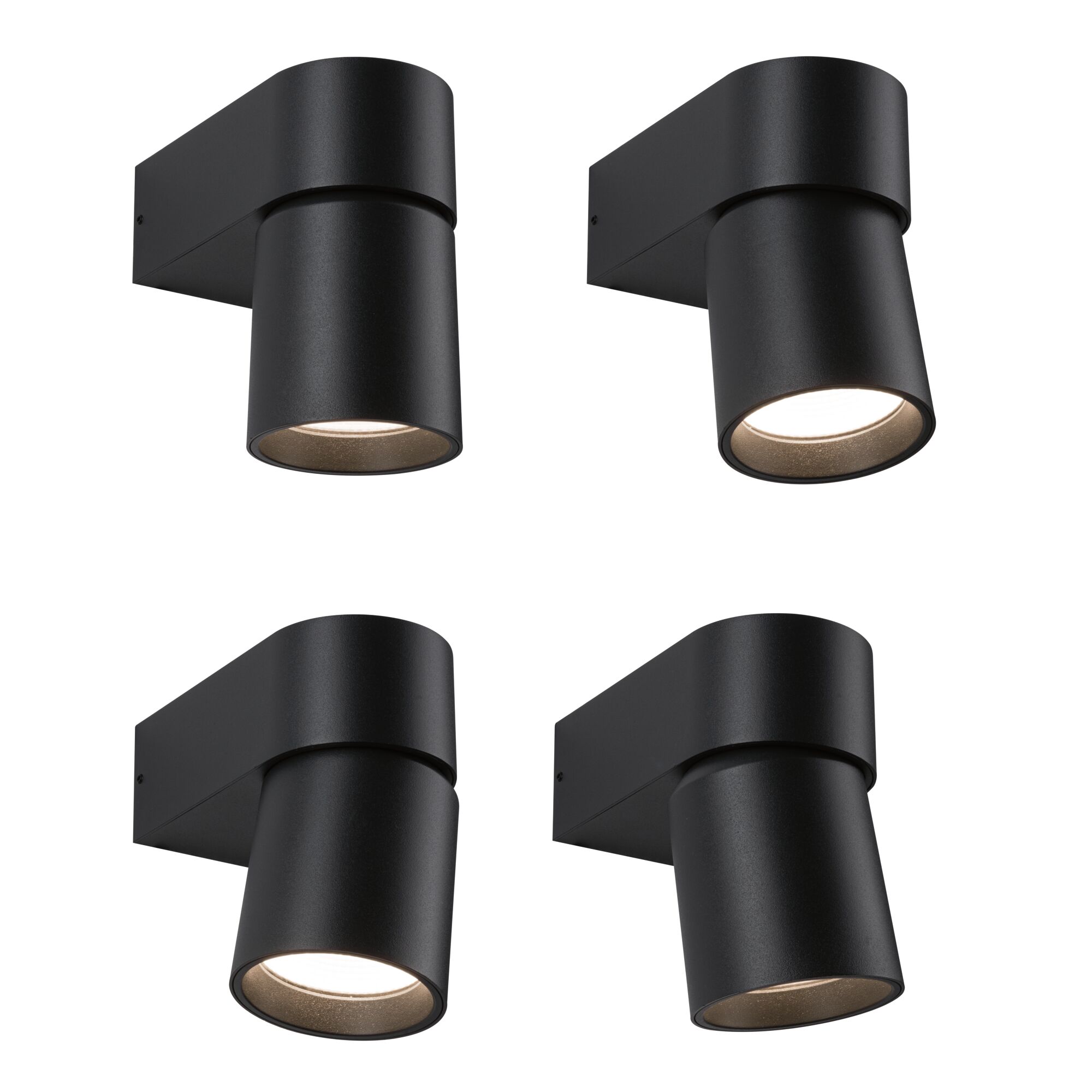 Vier schwarze Aluminium-Wandleuchten mit zylindrischem Design und LED-Licht für moderne Innenbeleuchtung.