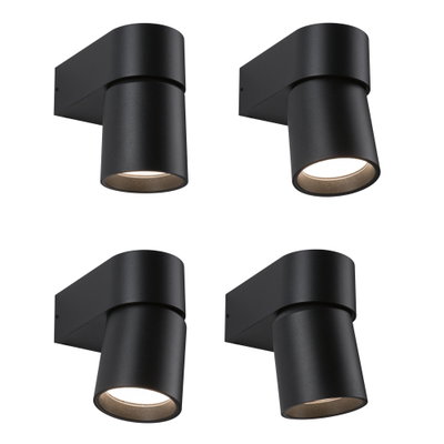 Vier schwarze Aluminium-Wandleuchten mit zylindrischem Design und LED-Licht für moderne Innenbeleuchtung.
