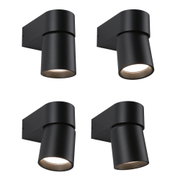 Vier schwarze Aluminium-Wandleuchten mit zylindrischem Design und LED-Licht für moderne Innenbeleuchtung.