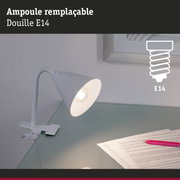 Lampe de bureau blanche à pince avec col flexible et douille E14 remplaçable pour éclairage