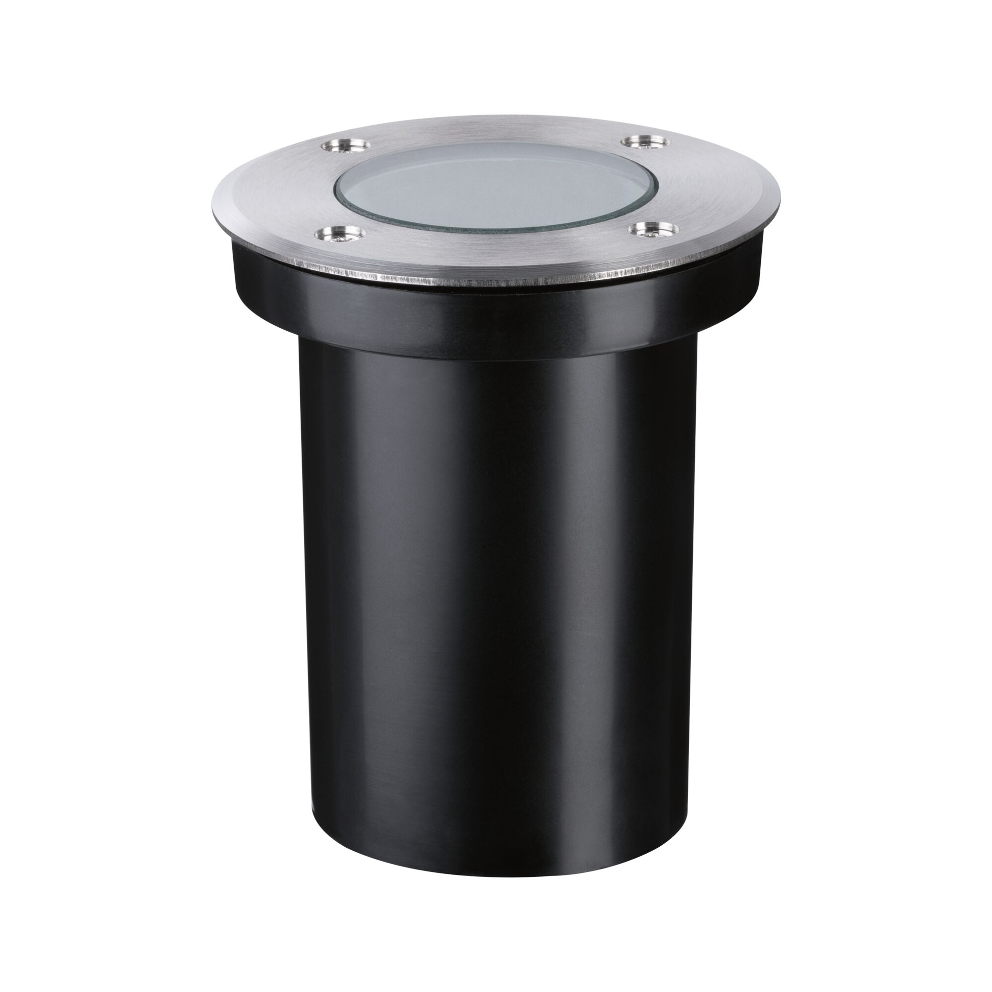 Round recessed floor spotlight in black plastic with brushed stainless steel ring and glass cover