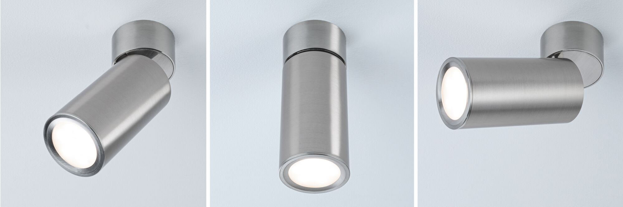 Modern LED ceiling spotlight in brushed stainless steel silver for adjustable lighting.