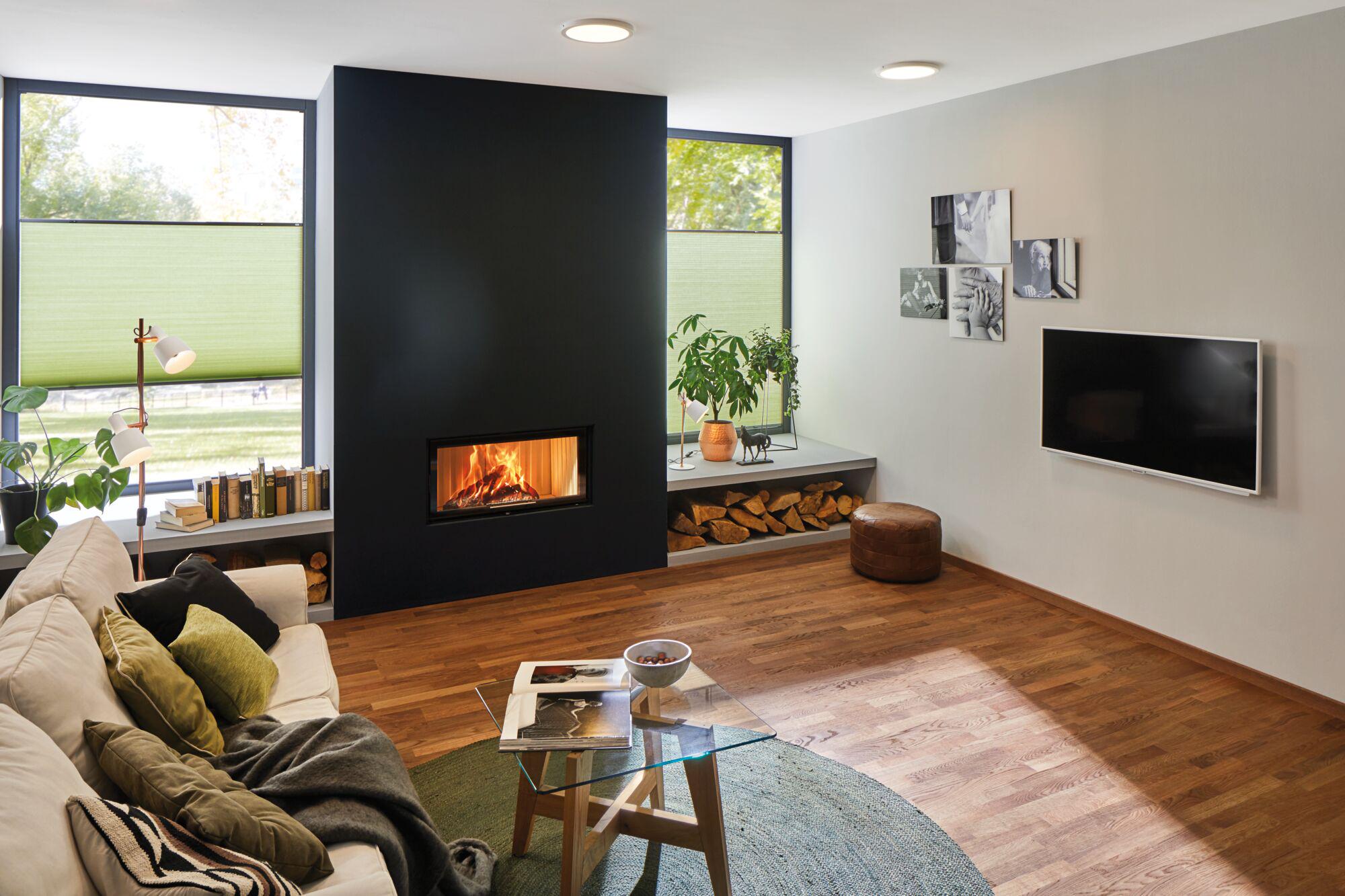 Salon moderne avec cheminée noire, sol en bois et stores plissés verts pour une ambiance chaleureuse