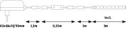 Technical drawing of a 3-meter LED light strip with 1.5-meter power cable and 0.25-meter connector piece.