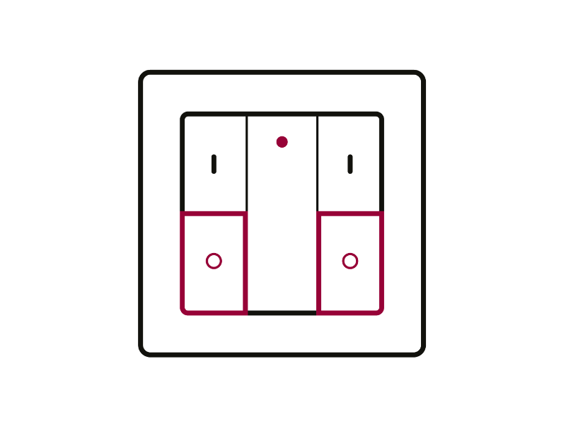 Grafische weergave van een slimme wandschakelaar met gemarkeerde knoppen voor lichtbediening.