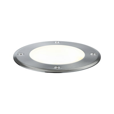 Round LED recessed light in brushed stainless steel with white diffuser for outdoor lighting