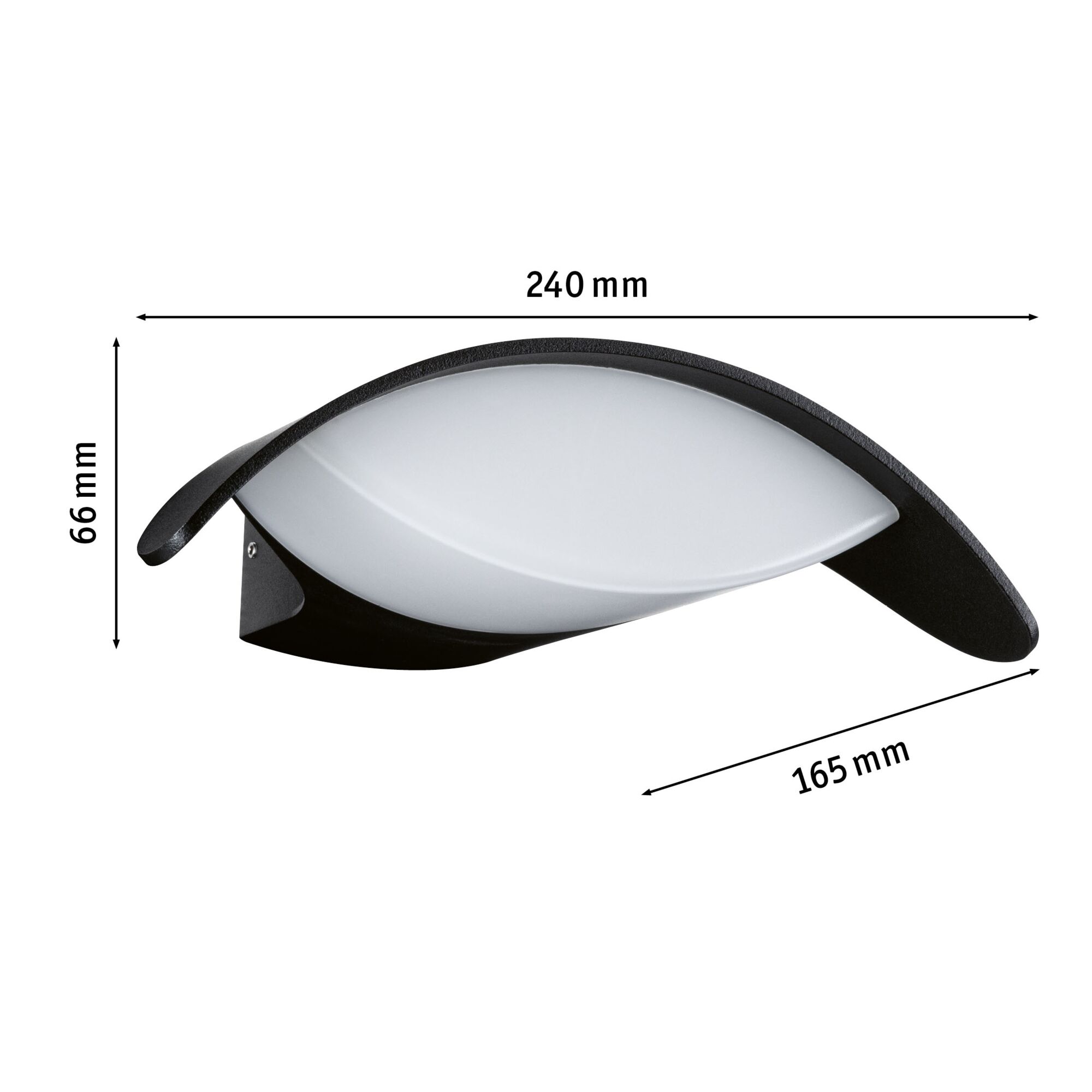 Schwarze Wandlampe mit weißem Glas und geschwungener Form, Maße 240x66x165 mm, moderne LED-Leuchte