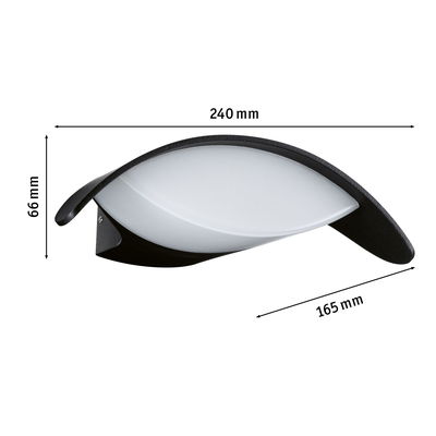 Black wall lamp with white glass and curved design, dimensions 240x66x165 mm, modern LED lighting