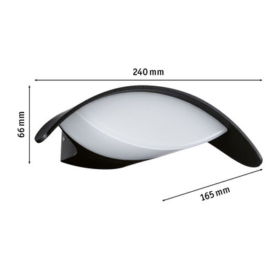 Schwarze Wandlampe mit weißem Glas und geschwungener Form, Maße 240x66x165 mm, moderne LED-Leuchte