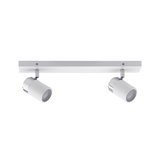 Modern white ceiling spotlight with two adjustable metal heads for accent lighting in interiors