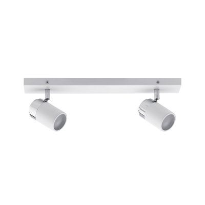 Modern white ceiling spotlight with two adjustable metal heads for accent lighting in interiors