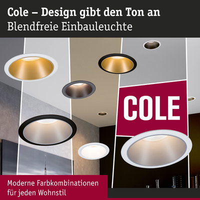 Blendfreie Einbauleuchten Cole in modernen Farbvarianten mit weißem und schwarzem Rahmen für Wohnräume