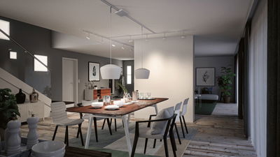 Modern dining area with wooden table, white chairs, and minimalist LED ceiling lights in living room.