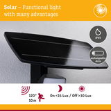 Black solar panel with IP65 rating and exchangeable battery for outdoor motion sensor lighting