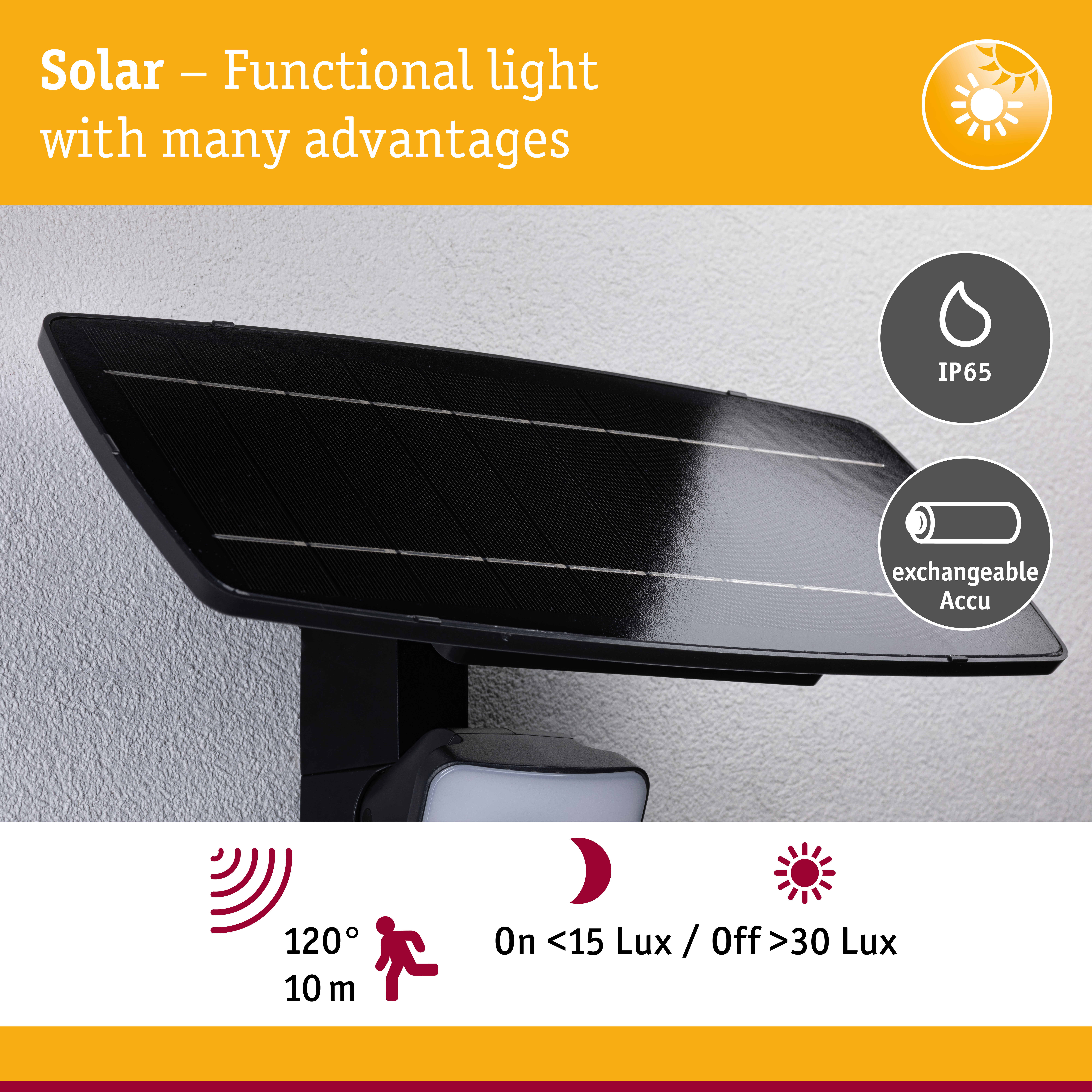 Black solar panel with IP65 rating and replaceable battery for efficient outdoor lighting