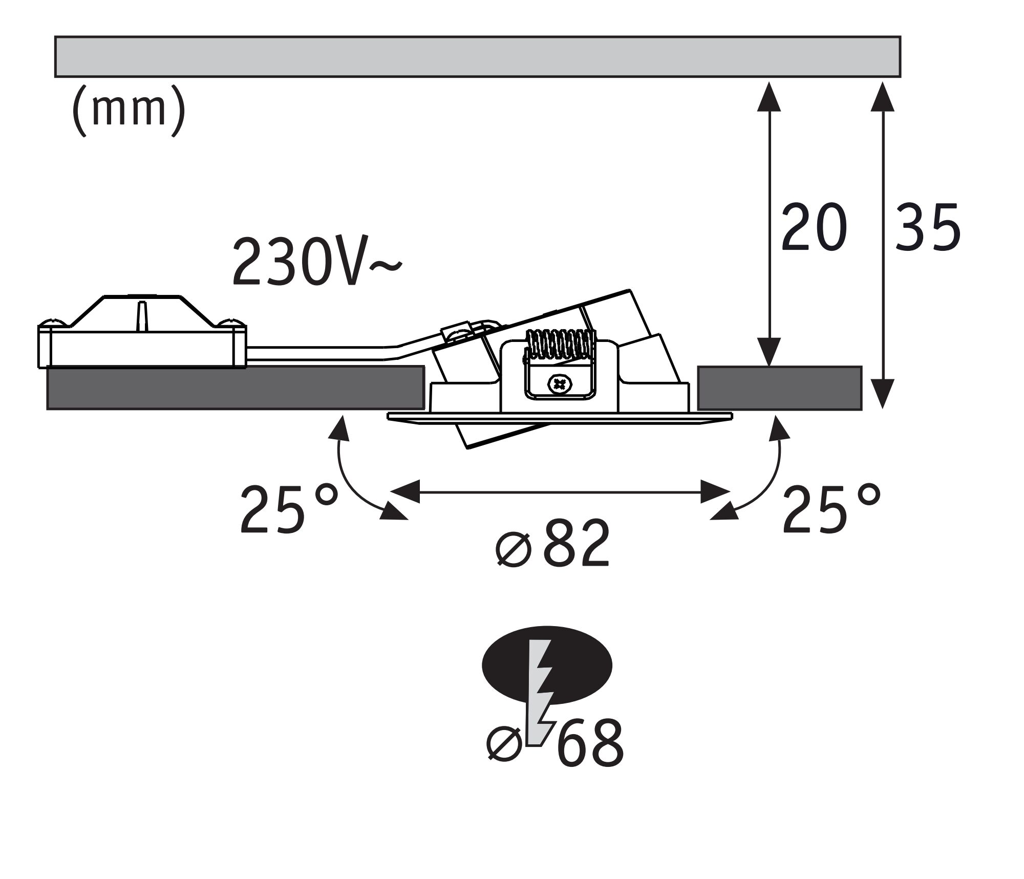Technische Zeichnung eines einstellbaren LED-Einbaustrahler mit 82 mm Durchmesser und 230V Spannung