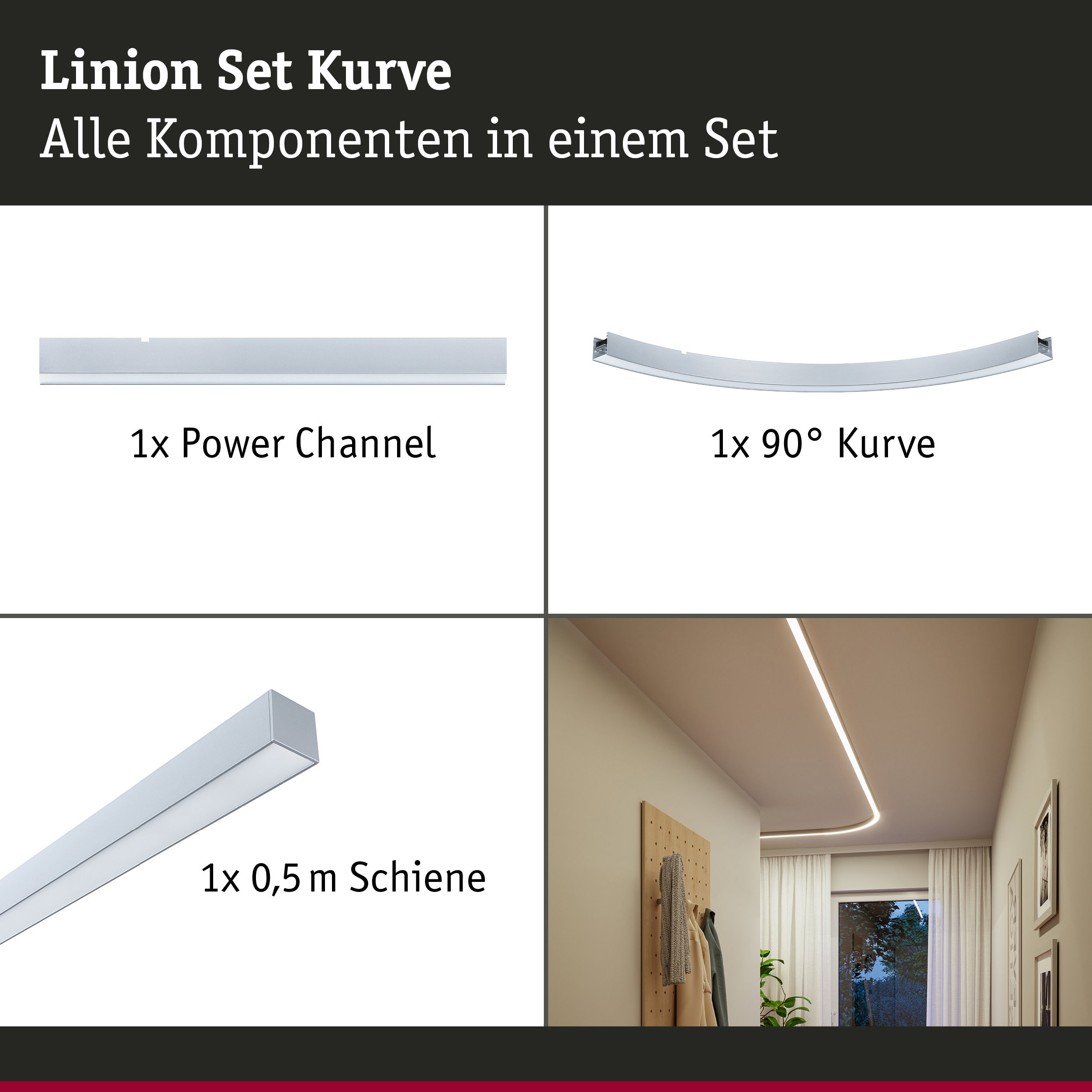 Linion Lichtkanal Kurve Komplettset 230/24V W 3000K Chrom matt
