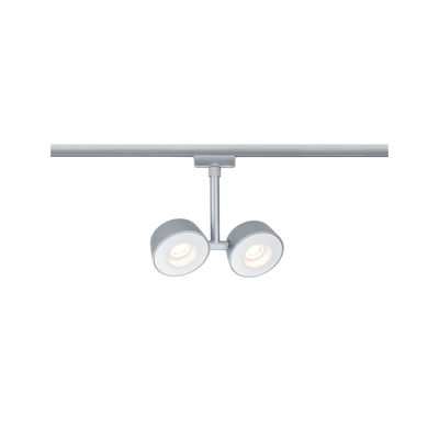 Moderne zilverkleurige metalen LED-railspot met twee lampen voor flexibele verlichting