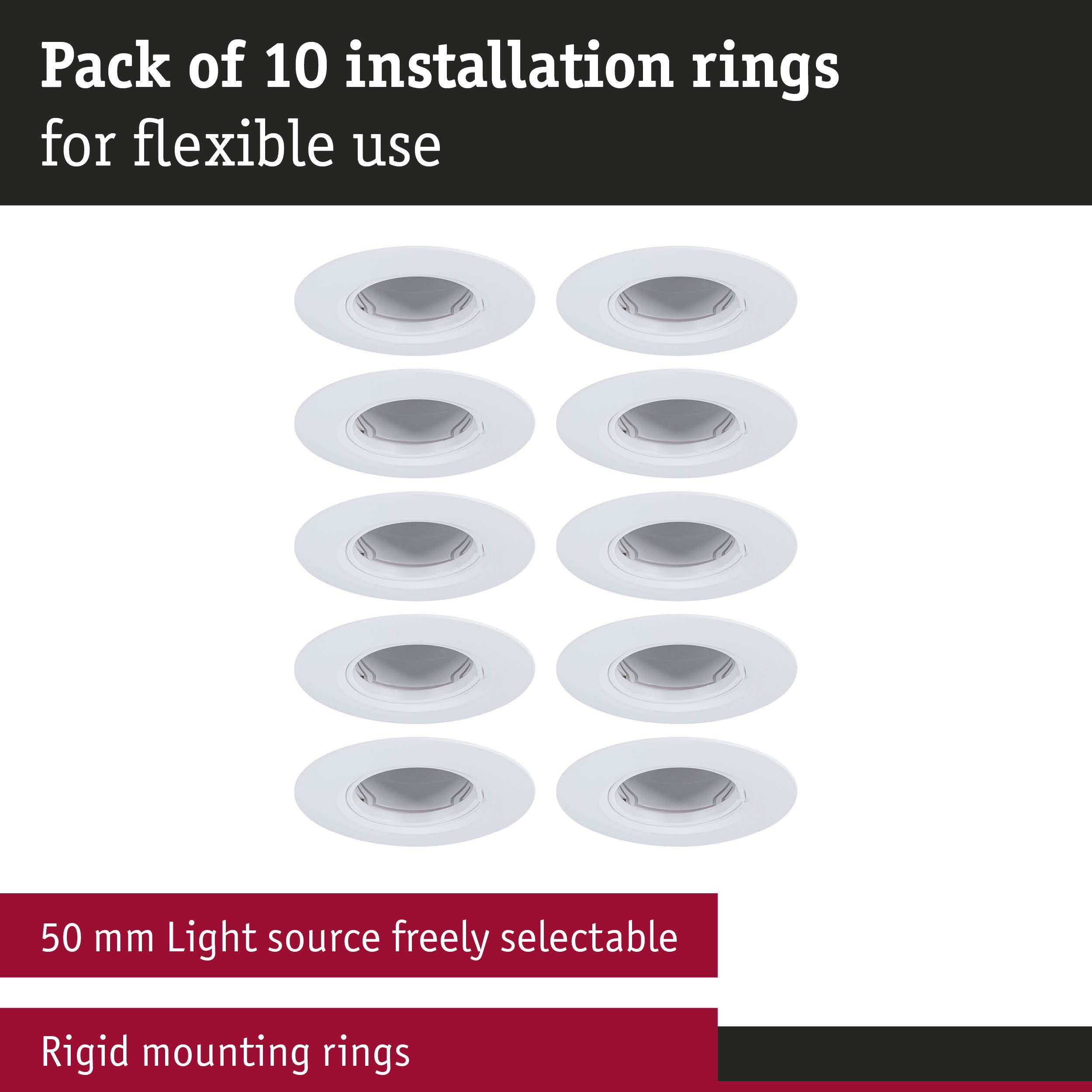 Pack of 10 white installation rings for flexible mounting of 50 mm light sources